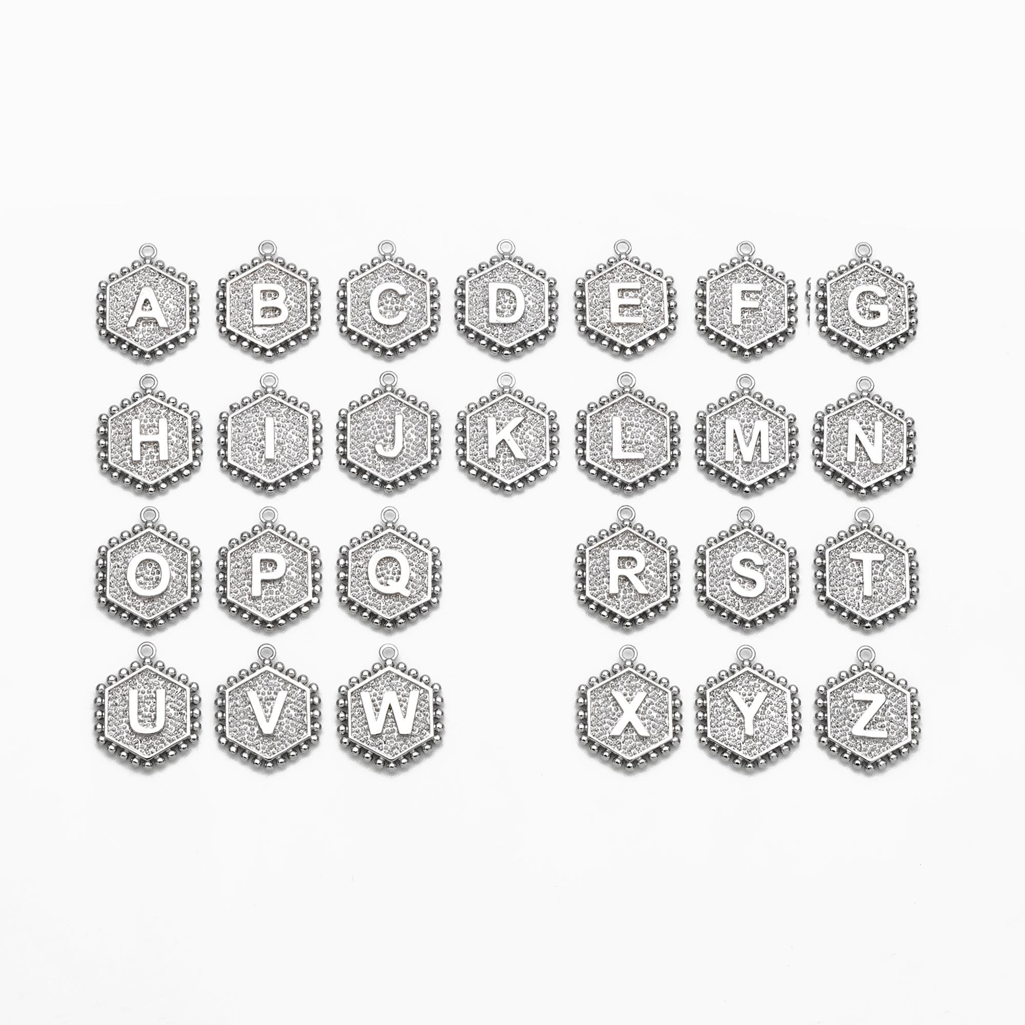 Gold/ Silver Alphabet Charms, English Letter Pendants 16x20mm, Hexagon Initial Coin Pendants, You Choose Letter (GB-2458)